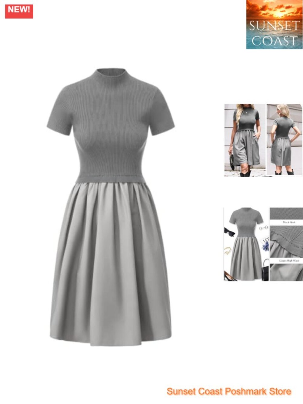 Women's Patchwork Knit Mini Dress Short Sleeve Mock Neck A-Line